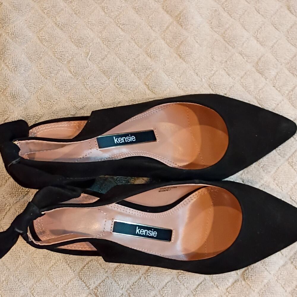 Kensie Black Leather Pointed Toe Slingback Block Heel w/ Bow Womens US 6